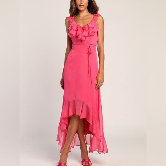Lulus Enchanting Elegance Hot Pink Ruffled High-Low Maxi Dress MED NWT - Picture 1 of 8